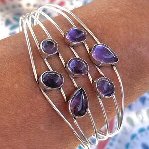 Handcrafted Natural Amethyst Sterling Silver 8” Large Wrist Cuff Bracelet